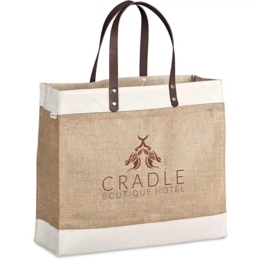 Okiyo Reza Jute & Cotton Tote with Leather Handles - Side